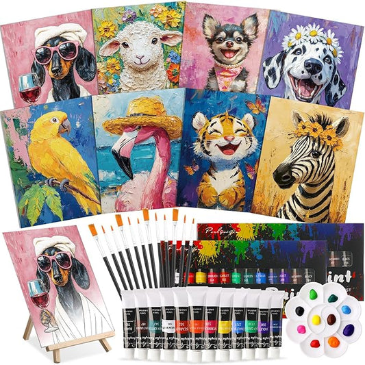 Cholemy 36 Pcs Paint and Sip Kit for Adults 8''x10'' Pre Drawn Canvas for Painting DIY Afro Acrylic Painting Kit Wood Easel Brushes Date Night Bulk for Father's Day Party Gifts(Flower Animals A)