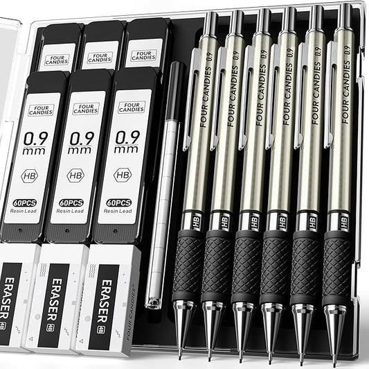 6PCS Metal Mechanical Pencil Set with 0.9mm Bold Point, 360 Leads, 12 Erasers, Art Mechanical Pencils Pack with Storage Case for School Writing, Sketching, Drawing & Professional Drafting