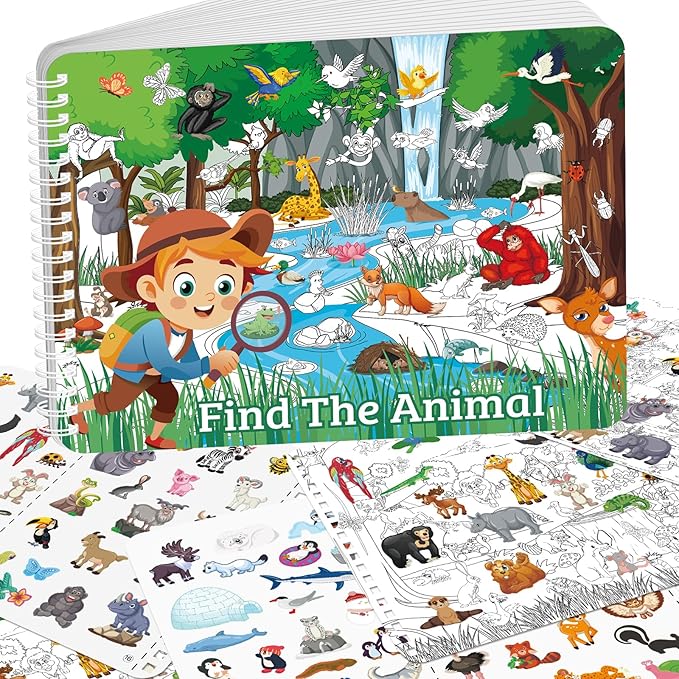 Elfew Find The Animal Sticker Book for Kids Ages 2-4, Include 20 Theme Stickers for Kids, Learning & Educational Toy, Find Over 400+ Hidden Object, Airplane Toys for Toddlers 3-5, Preschool Activities