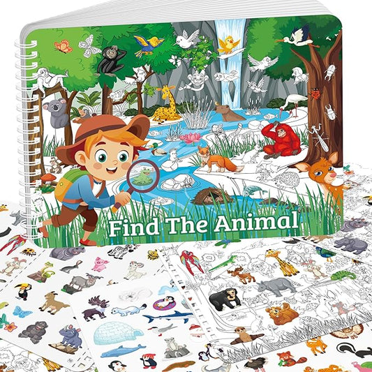 Elfew Find The Animal Sticker Book for Kids Ages 2-4, Include 20 Theme Stickers for Kids, Learning & Educational Toy, Find Over 400+ Hidden Object, Airplane Toys for Toddlers 3-5, Preschool Activities