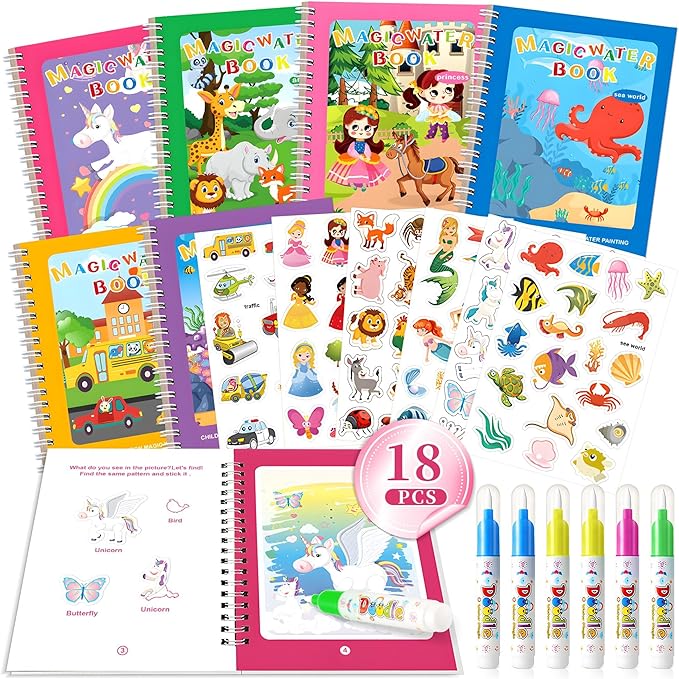 6P Water-Reveal Coloring Book for Toddlers–Mess Free Reusable Water Painting Pad with Pen,6 Fun Themes for Boys & Girls,Travel Activities,Party Favors,Holiday & Birthday Gifts for Kids Ages 3+