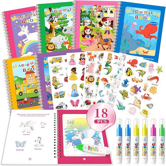6P Water-Reveal Coloring Book for Toddlers–Mess Free Reusable Water Painting Pad with Pen,6 Fun Themes for Boys & Girls,Travel Activities,Party Favors,Holiday & Birthday Gifts for Kids Ages 3+
