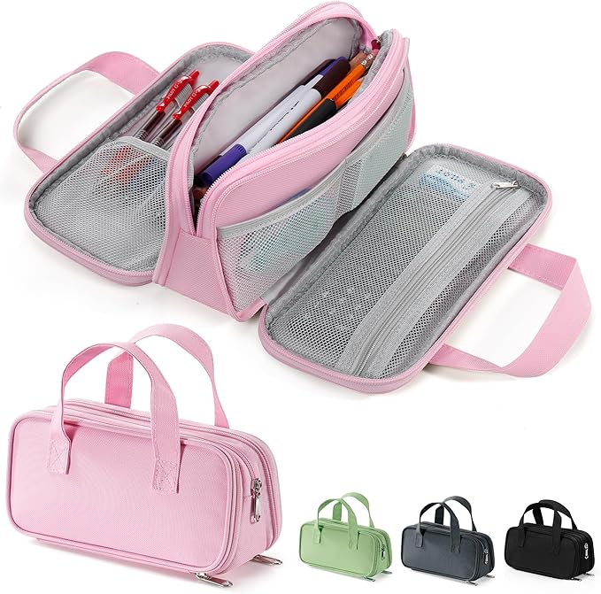 Zannaki Large Pencil Case, Big Capacity Pencil Pouch Pen Bag with 3 Compartment, Portable Canvas Stationery Organizer with Zipper, Cute Aesthetic School Supplies for Teen Girls Boys College,Pink