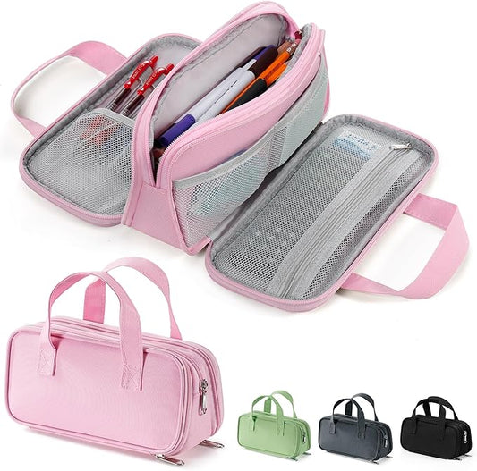 Zannaki Large Pencil Case, Big Capacity Pencil Pouch Pen Bag with 3 Compartment, Portable Canvas Stationery Organizer with Zipper, Cute Aesthetic School Supplies for Teen Girls Boys College,Pink