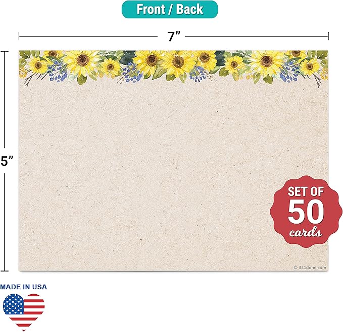 321Done Sunflower Index Cards - 5x7 Cardstock, Kraft (Set of 50) - Blank, No Lines - For Studying, Learning, Flashcards, Notes, Messages, Notecards, Greeting Card Making - Pretty Floral - Made in USA