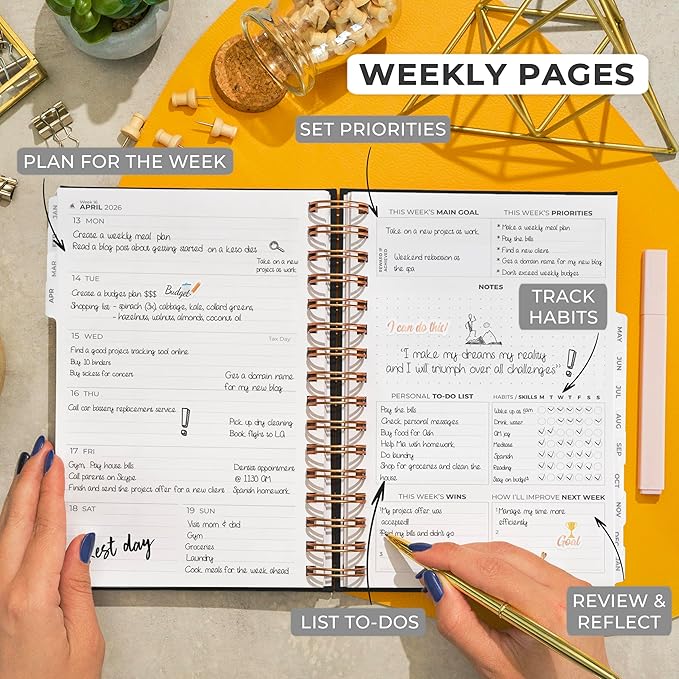 Clever Fox Dated Planner with Tabs 2026 – Weekly & Monthly Spiral Planner with Habit Tracker for Goal Setting & Time Management (Black)
