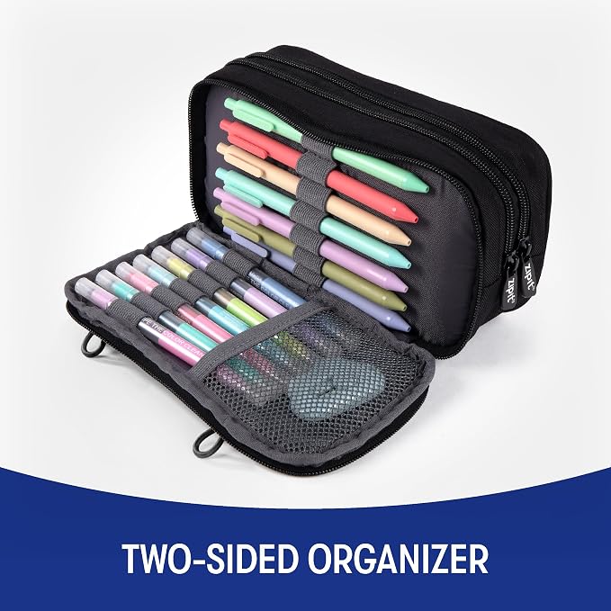 ZIPIT Half & Half Pencil Case, 3-Compartment Aesthetic Zipper Pouch, Black | Clear-front pencil case for school, dedicated organizer panels, holds up to 70 pens & pencils, durable easy-care polyester