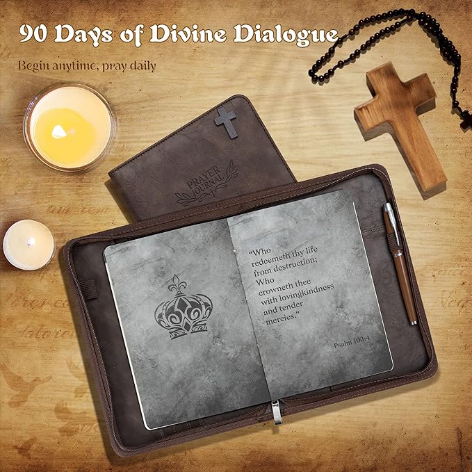 Ospelelf Daily Bible Prayer Journal for Men, Zippered Leather Scripture Study Notebook Religious Planner for Reflection & Gratitude, Ideal Gift for Jesus Faith Believers, Undated 3 Months, Brown