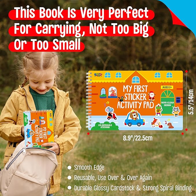 SpriteGru Sticker Activity Pad, 30 Different Scenes & 100+ Reusable Stickers, Dry Erase Brain-Boosting Puzzle Activities Book for Kids, Educational Toy for Road Trip, Airplane & Car Travel
