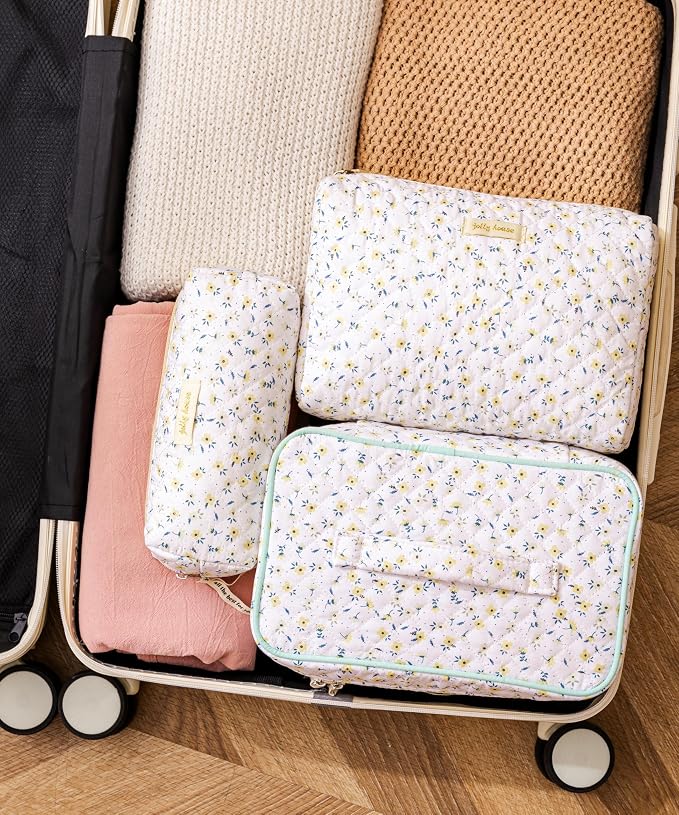 HBselect Quilted Makeup Bag, 3Pcs Cotton Large Travel Makeup Bags Organizer | Cute Floral Make up Bag Cosmetic Bag Toiletry Bag for Women Girls, Makeup Pouch for Skincare, Brushes & Travel Essentials