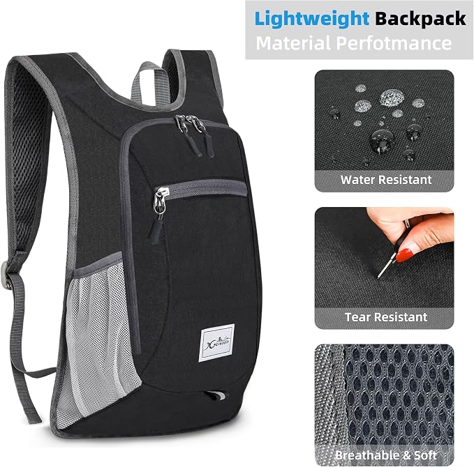 Xgunion Hiking Backpack 10L Lightweight Foldable (Black) | Small Travel Daypack, Packable Camping Backpack for Women Men