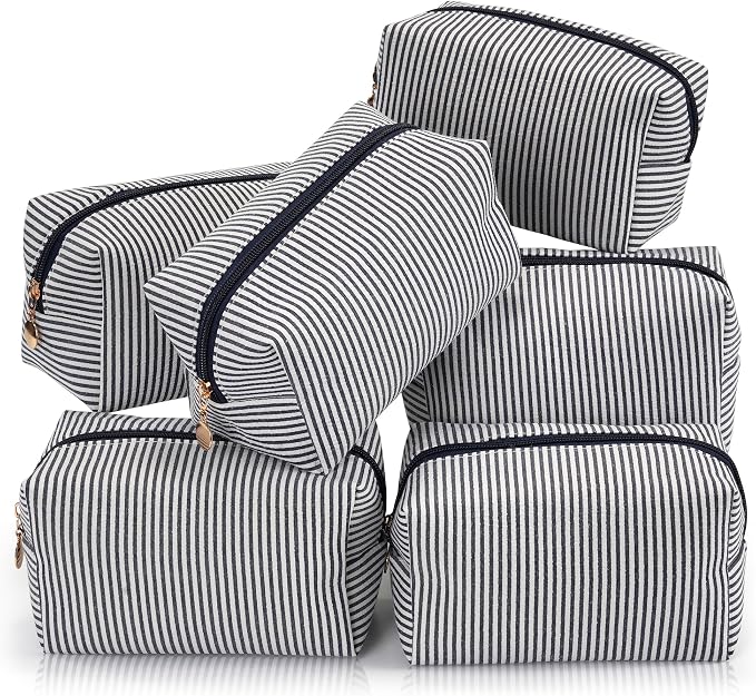 Makeup Bag Set for Women, 6PCS Travel Cosmetic Bags Pencil Case, Striped Seersucker Toiletry Organizer Pouches, Cute Makeup Pouch for Purse, Accessories and Gifts, Navy