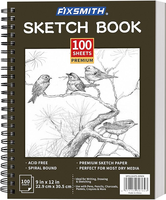 FIXSMITH 9"X12" Brown Sketch Book, 100 Sheets (68 lb/100gsm) Spiral Sketchbook, Acid Free Drawing Paper, Sketch Pad for Beginners,Artists & Professionals, Bright White