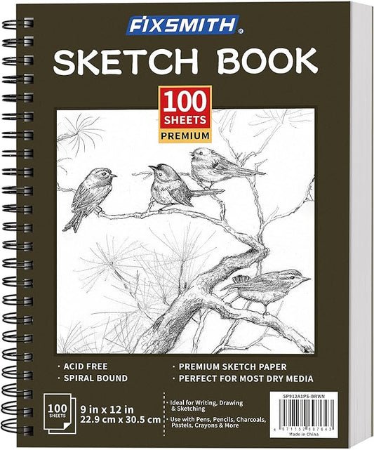 FIXSMITH 9"X12" Brown Sketch Book, 100 Sheets (68 lb/100gsm) Spiral Sketchbook, Acid Free Drawing Paper, Sketch Pad for Beginners,Artists & Professionals, Bright White