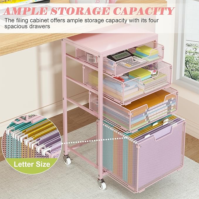 Sbanmao 4 Drawer Rolling File Cart Under Desk Storage, File Cabinets for Home Office, Mobile Filing Cabinet, Hanging File Organizer with Wheels, Utility Cart Printer Stand, Pink