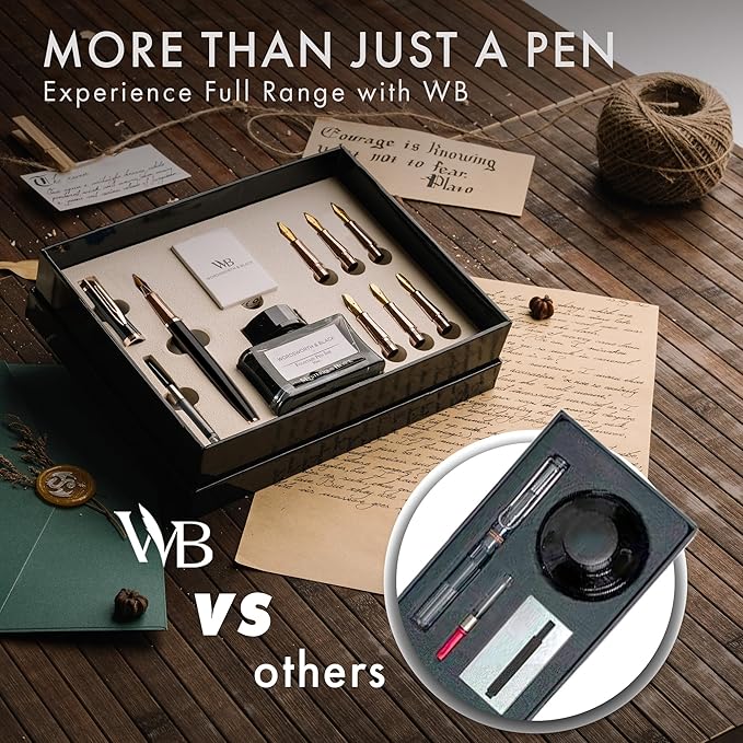 Wordsworth & Black Calligraphy Pen Gift Set, Includes Ink Bottle, 6 Ink Cartridges, A Refill Converter, 6 Replacement Nibs, Journaling, Smooth Writing Pens [Black Rose Gold]