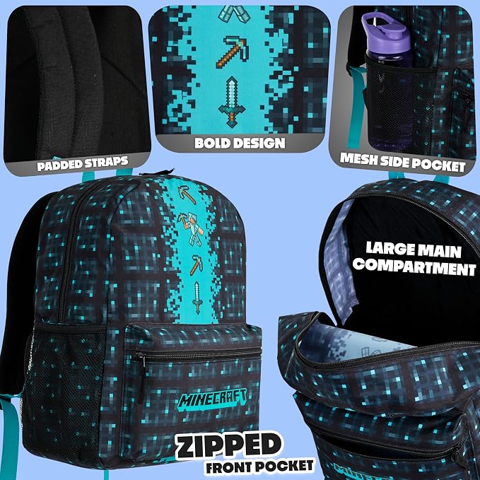 Minecraft Backpack for Boys Kids Teens Adjustable Straps Front Pocket Daypack Backpacks for Sports Gym School Gamer Gifts (Blue)