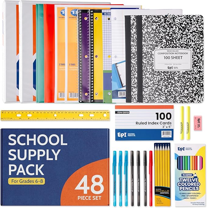 EPI Essentials Bulk Back to School Supplies for Kids – 6th to 8th Grade – 48 Items in Kit – Middle School Supply Packs – Wide-Ruled Bundle with Composition Notebooks – Suitable for Homeschooling