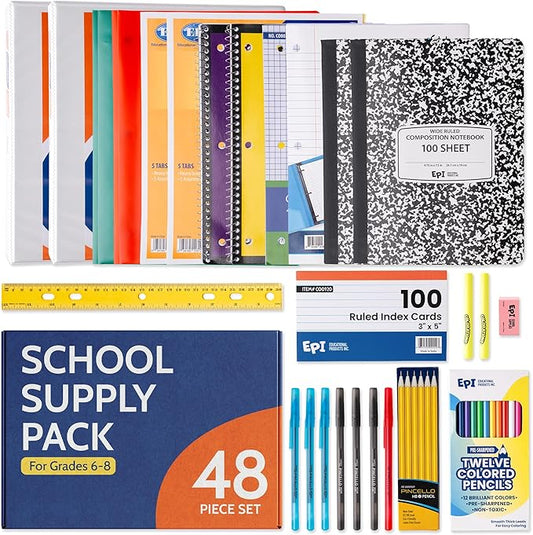 EPI Essentials Bulk Back to School Supplies for Kids – 6th to 8th Grade – 48 Items in Kit – Middle School Supply Packs – Wide-Ruled Bundle with Composition Notebooks – Suitable for Homeschooling