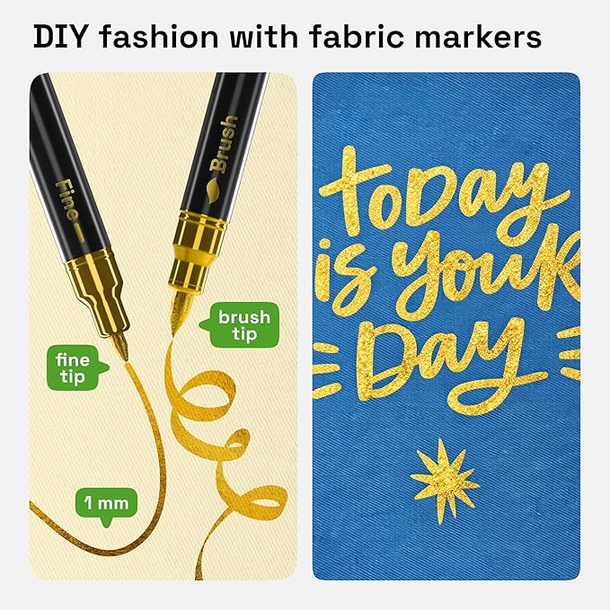 ARTISTRO 2 Gold Dual-Tip Fabric Markers - Fabric Decorating Kit - Permanent for Clothes - Acrylic Paint Pens for Sneakers, Bags, Shoes, Textile, Canvas, Sewing, Craft, DIY - Brush and Fine Tip