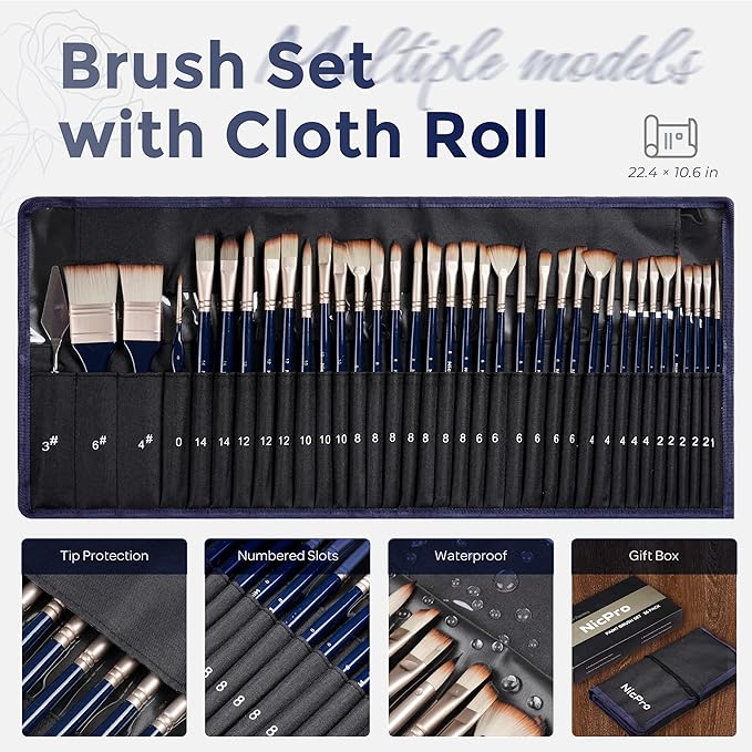 Nicpro 36 PCS Paint Brush Set, 9 Brush Types Professional Acrylic Paint Brushes with Cloth Roll and Gift Box, Suitable for Acrylic Painting, Oil, Watercolor, Gouache, Art Supplies for Artist Beginner