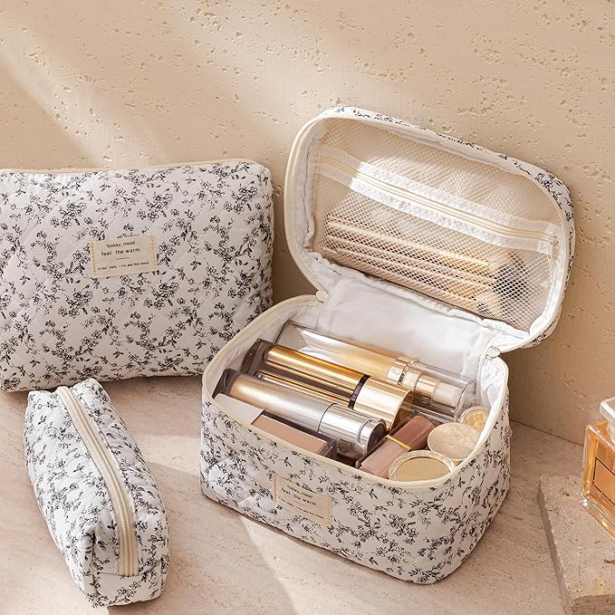 HBselect Quilted Makeup Bag, 3Pcs Cotton Large Travel Makeup Bags Organizer | Cute Floral Make up Bag Cosmetic Bag Toiletry Bag for Women Girls, Makeup Pouch for Skincare, Brushes & Travel Essentials