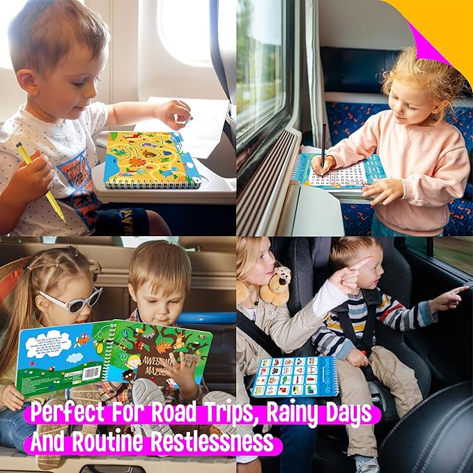 SpriteGru 2 Travel Game Pads, 61 Dry Erase Activities Games Reusable & Erasable Book, Fun Brain Challenge Games Interesting Educational Toy and Learning Tool for Road Trip Airplane Travel
