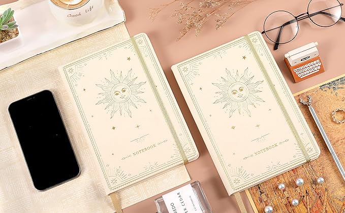 Ruled Notebook/Journal – Premium Thick Paper Faux Leather Classic Writing Notebook with Pocket + Page Dividers Gifts, Banded, Large, 144 Pages, Hard Cover, Lined (5.8 x 8.4) - White Sun Goddess