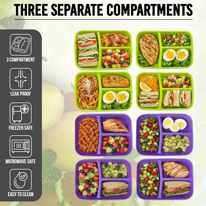 Neez 2 Pack Lunch Containers for Adults (48oz/6 Cup) - 3 Compartment Large Bento Lunch Box For Women - Reusable Lunchable Container for Salad, Snack, Meal Prep - Stackable, Microwavable & Leak proof