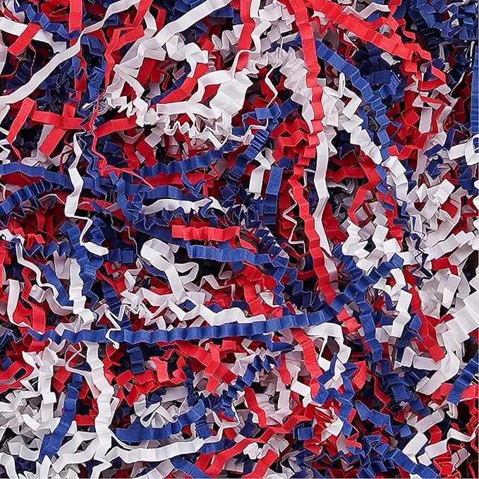 TANMWZK Crinkle Cut Paper Shred Filler 2 LB Gift Wrapping & Gift Basket Filler for Christmas,Halloween & Wedding Decorations,Easter Basket Grass Filler,Crafting Activities (Red,White and Blue)