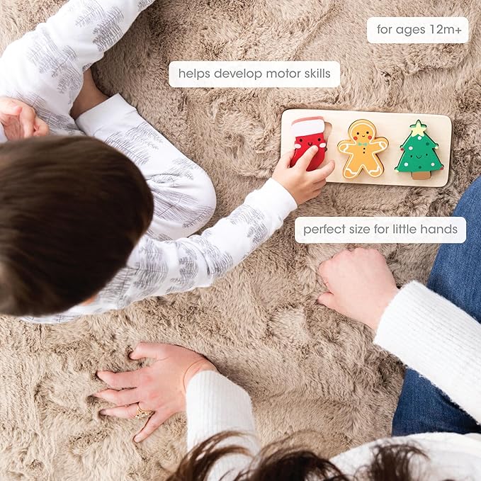 Pearhead 3 Piece Set Wooden Holiday Puzzle, Kids Christmas Toy, Stocking Stuffer for Children, Holiday Ideas