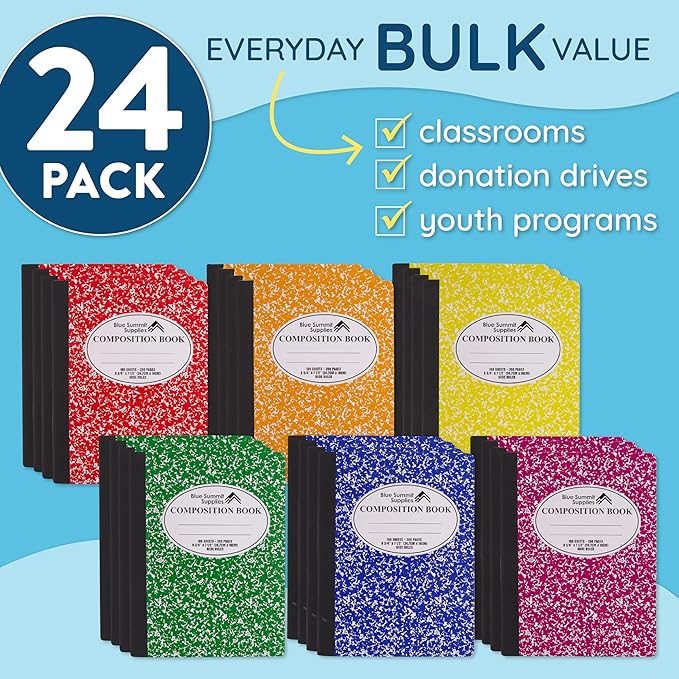 Blue Summit Composition Notebook Bulk, Assorted Color Composition Notebook Wide Ruled Bulk, Marble, 100 Sheets per Book, 24 Pack