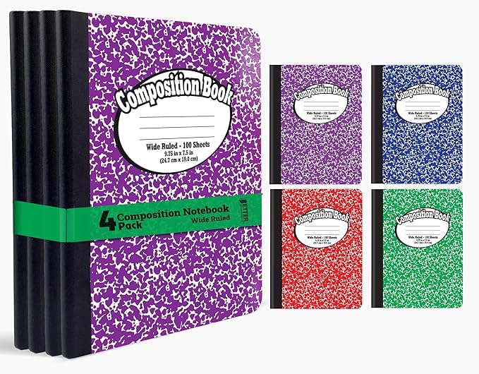 Better Office Products Composition Book Notebook - Hardcover, Wide Ruled (11/32-inch), 100 Sheet, One Subject, 9.75" x 7.5", Assorted Covers: Red, Blue, Green, Purple-4 Pack