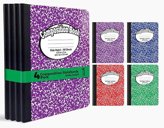 Better Office Products Composition Book Notebook - Hardcover, Wide Ruled (11/32-inch), 100 Sheet, One Subject, 9.75" x 7.5", Assorted Covers: Red, Blue, Green, Purple-4 Pack
