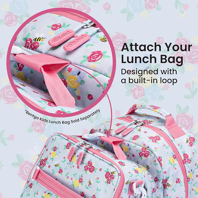 Bentgo Kids Print Backpack - Lightweight 14” Backpack for School, Travel & Daycare, Ideal for Ages 4+, Durable & Water-Resistant, Roomy Interior, & Loop for Lunch Bag (NEW Blooming Floral)