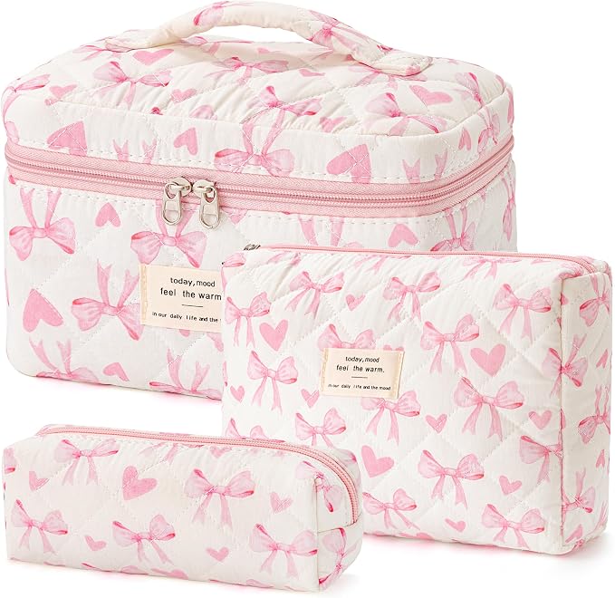 HBselect Quilted Makeup Bag, 3Pcs Cotton Large Travel Makeup Bags Organizer | Cute Floral Make up Bag Cosmetic Bag Toiletry Bag for Women Girls, Makeup Pouch for Skincare, Brushes & Travel Essentials