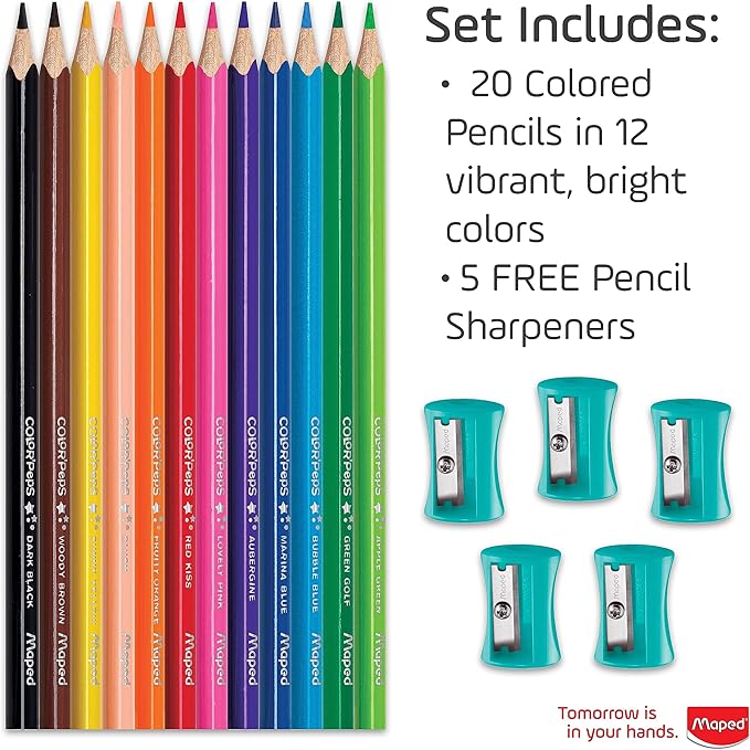 Maped - Color'Peps Triangular Colored Pencils School Pack 240 Pack + 5 FREE Pencil Sharpeners - Creating Vibrant Art - Vibrant Color Variety
