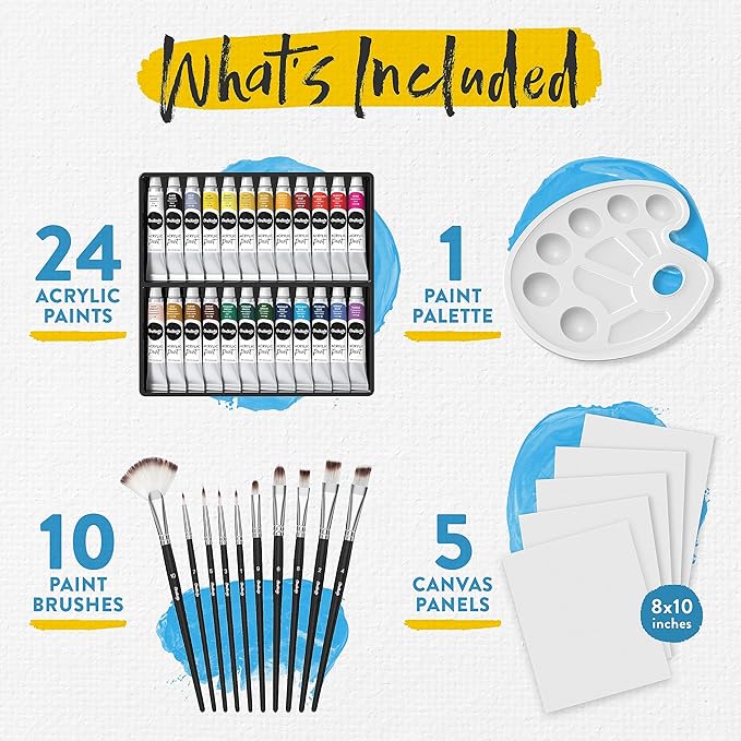 Chalkola 40 Acrylic Paint Set for Adults with 24 Acrylic Paints kit (22ml), 10 Painting Brushes, 5 Canvas for Painting (8x10) & 1 Palette