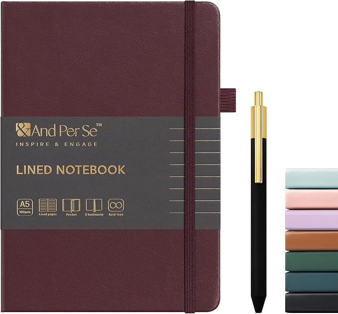 &And Per Se Lined Journal and Pen Set, A5 Leather Hardcover Notebook with Pen & Stationary Set, 160 Pages 100GSM Thick Ruled Paper Journal for Business Work Writing (Dark Red)