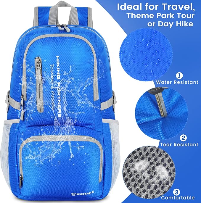ZOMAKE Lightweight Packable Backpack, 35L Foldable Daypack (Dark Blue) | Light Hiking Backpacks Water Resistant Collapsible Day Pack for Travel, Everyday Carry, Multi-Pocket Layout, Heavy Duty Nylon