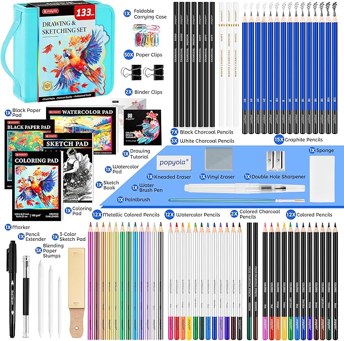 133 Pack Art Supplies Sketching Kit with Sketch Book, Coloring Book, Watercolor Pad, Black Paper Pad, Tutorial, Graphite Colored Charcoal Watercolor & Metallic Pencils for Artists Beginners Adults