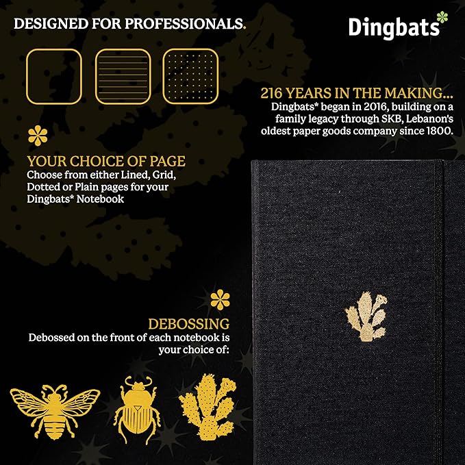 Dingbats* Pro Dotted Large B5 Notebook - Black Textile Cover, Thread-Bound Writing Journal - for Work, Travel - Pocket, Elastic Closure, Bookmark