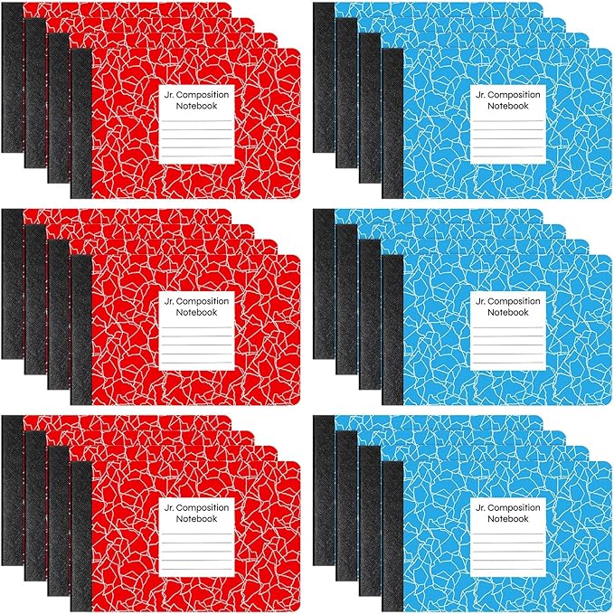 Resurhang 24 Pcs Jr. Composition Notebooks Colored Marble Half Size 4-7/8 x 7-1/2 Inches Composition Notebook 80 Sheet Marble Wide Ruled Assorted Primary Cover Notepad Bulk (Red Blue)