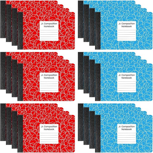 Resurhang 24 Pcs Jr. Composition Notebooks Colored Marble Half Size 4-7/8 x 7-1/2 Inches Composition Notebook 80 Sheet Marble Wide Ruled Assorted Primary Cover Notepad Bulk (Red Blue)