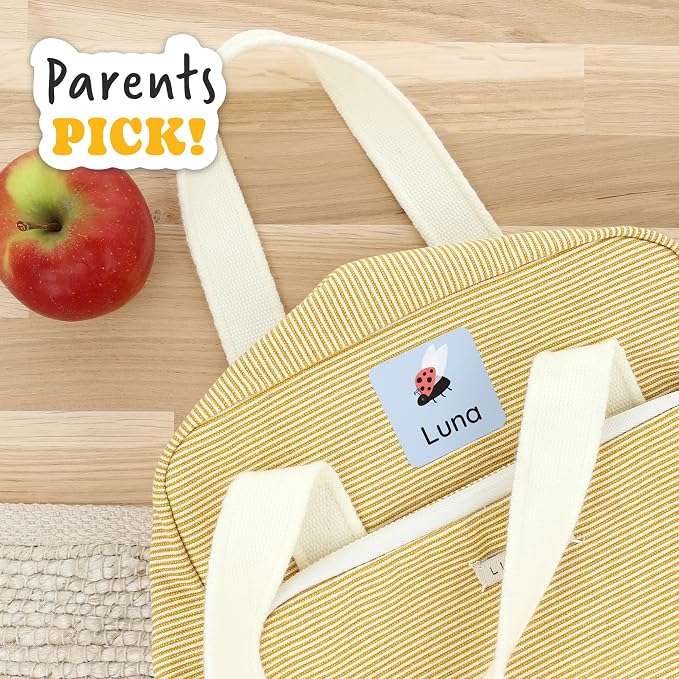 Camp Name Labels for Kids (33) – Custom Waterproof Stickers for Water Bottles, Lunch Boxes, Daycare & School with Unique Designs - Ladybug