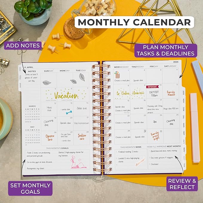 Clever Fox Dated Planner with Tabs 2026 – Weekly & Monthly Spiral Planner with Habit Tracker for Goal Setting & Time Management (Purple)