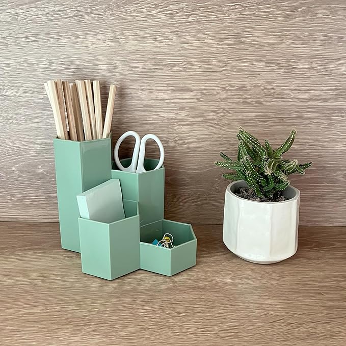 Pencil Organizer Pen Holder for Desk Pens Cup Small Desk Organizer Cute Pen Holder for Office,School and Home (Green, L-Shape)