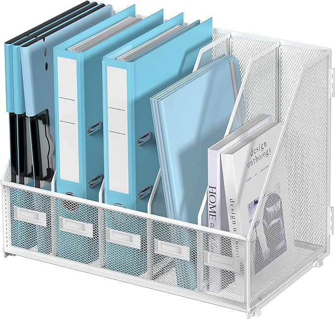 SUPEASY Desk Organizers Metal Desk Magazine File Holder with 5 Vertical Compartments Rack File Organizer for Office Desktop, Classroom, Home Workspace, White Plus