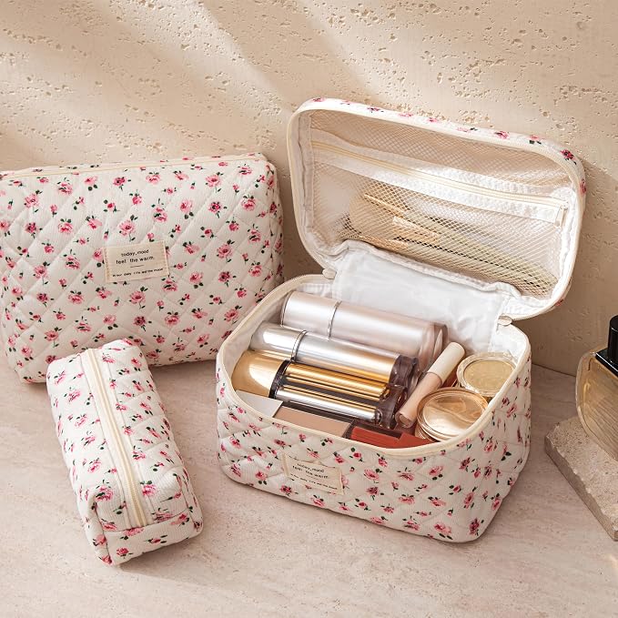 HBselect Quilted Makeup Bag, 3Pcs Cotton Large Travel Makeup Bags Organizer | Cute Floral Make up Bag Cosmetic Bag Toiletry Bag for Women Girls, Makeup Pouch for Skincare, Brushes & Travel Essentials