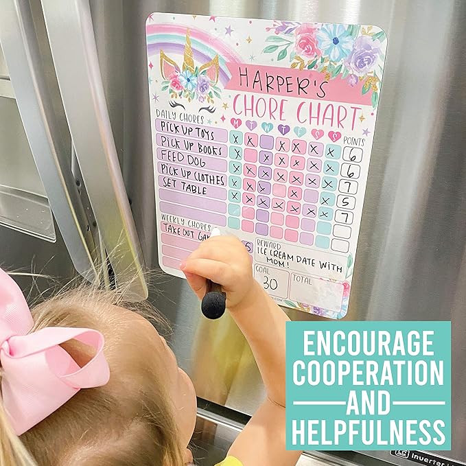 Hadley Designs Magnetic Chore Chart for Kids – Reward Chart for Kids, Dry Erase Responsibility Board for Children at Home, Fridge Behavior Tracker for Daily & Weekly Tasks, Unicorn Toddler Chore Board